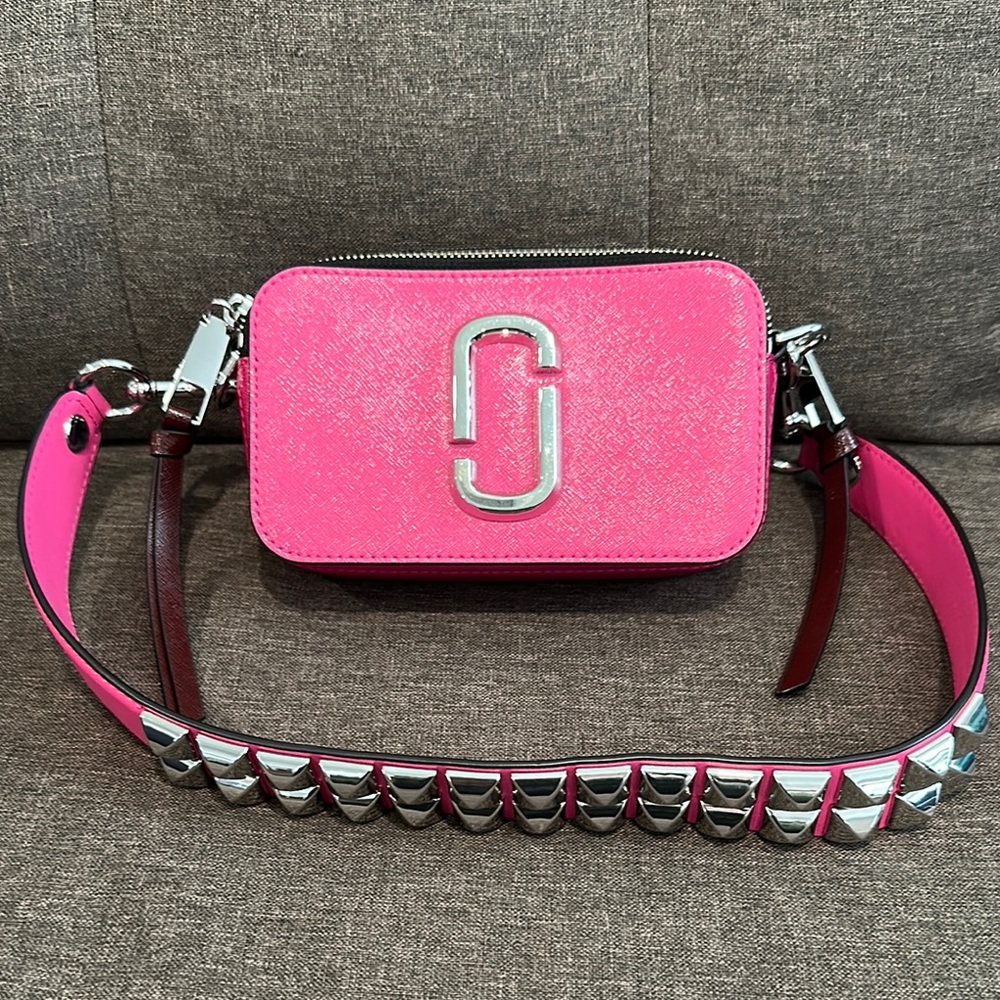 Marc Jacobs Pink Snapshot Crossbody Bag with Silver Logo and Studded Strap